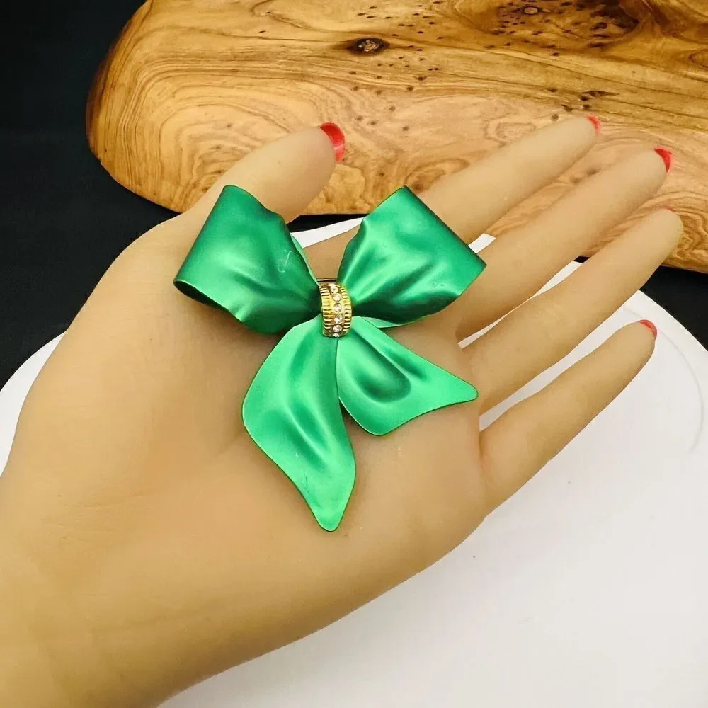 Vintage Green Metalic Satin Bow Ribbon Brooch Crystal Accent Large Matte 1045